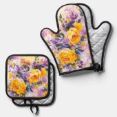 Happy Spring Kleurrijke Geschilderde Bloemen Ovenwant & Pannenlap Set (Voorkant / Achterkant)