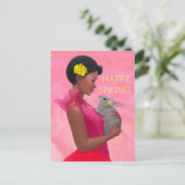 "Happy Spring Lady met konijn." Briefkaart (Staand voorkant)