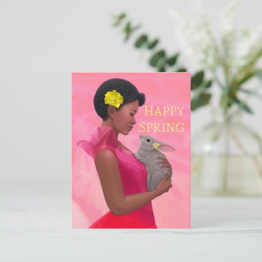 "Happy Spring Lady met konijn." Briefkaart (Staand voorkant)