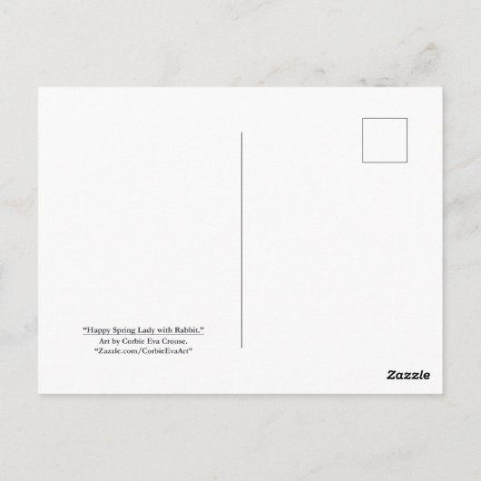 "Happy Spring Lady met konijn." Briefkaart (Achterkant)