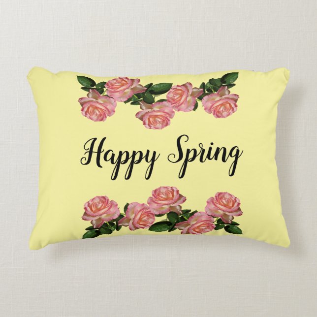 Happy Spring Pink Roses Yellow  Accent Kussen (Voorkant)