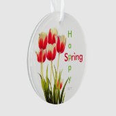 Happy Spring Red Tulips met Date Keepomwille Ornament (voorkant)