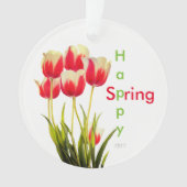 Happy Spring Red Tulips met Date Keepomwille Ornament (voorkant)