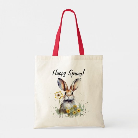Happy Spring Waterverf Bunny Paardebloem Canvas ta Tote Bag (Achterkant)
