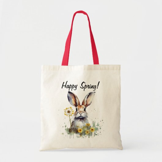 Happy Spring Waterverf Bunny Paardebloem Canvas ta Tote Bag (Voorkant)
