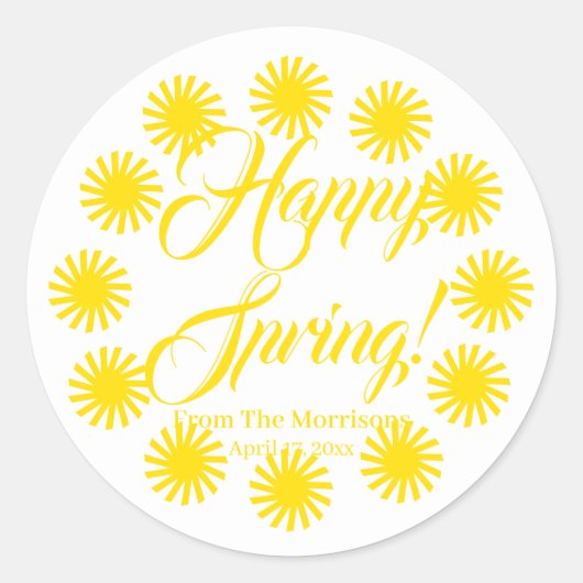 Happy Spring yellow sun aangepaste script vrolijk Ronde Sticker (Voorkant)