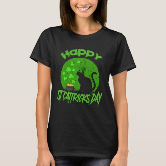 Happy St Cat Tricks Day Black Cat Shamrock St Patr T-shirt (Voorkant)