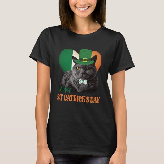 Happy St Catrick's Day St Patrick Cat Ierse vlag H T-shirt (Voorkant)