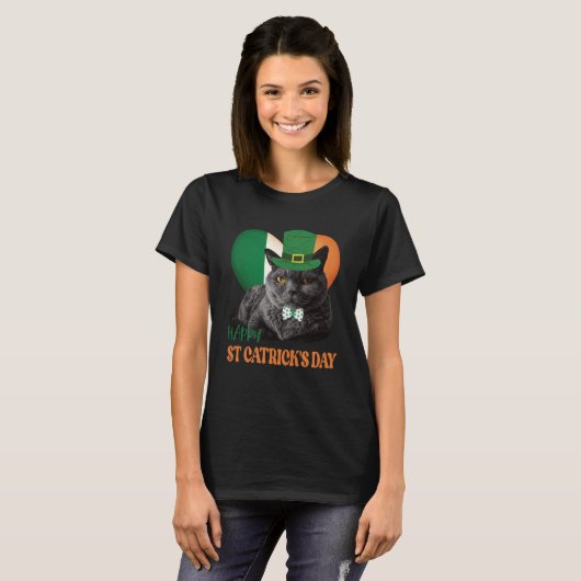 Happy St Catrick's Day St Patrick Cat Ierse vlag H T-shirt (Voorkant volledig)