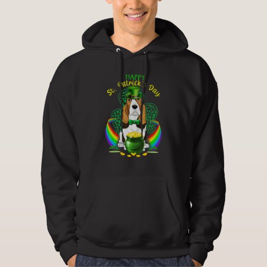 Happy St Patrick Day Basset Hound Leprechaun Hat Hoodie (Voorkant)
