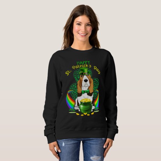Happy St Patrick Day Basset Hound Leprechaun Hat Trui (Voorkant volledig)