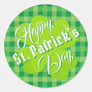 Happy St. Patrick\s Day Green Tartan Lucky Clover Ronde Sticker