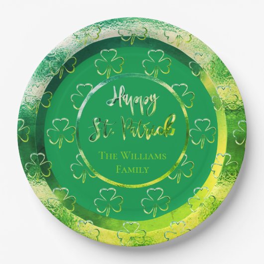 Happy St. Patrick Shamrock Green Clovers Iers Papieren Bordje (Voorkant)
