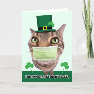 Happy St. Patrick's Day Cat in Pandemic Face Mask Feestdagen Kaart