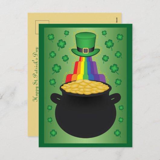 Happy St.Patrick's Day Clover/Rainbow/Pot of Gold Feestdagenkaart (Voorkant / Achterkant)