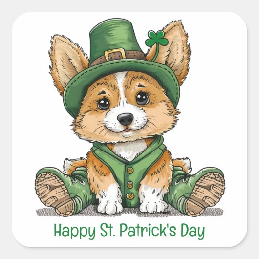 Happy St. Patrick's Day Corgi Dog Vierkante Sticker (Voorkant)