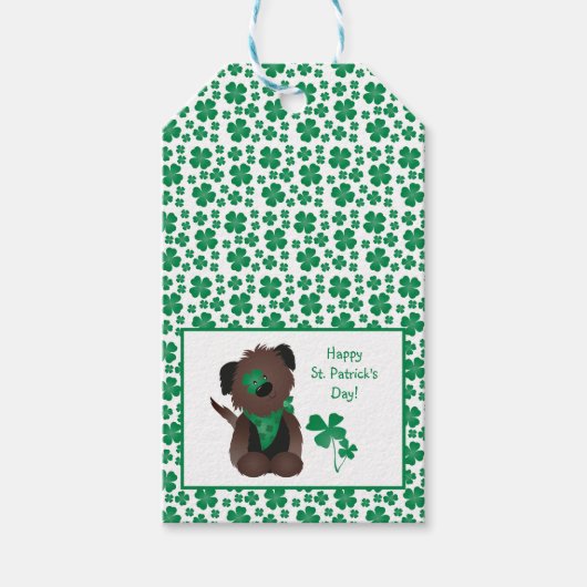 Happy St Patricks Day Dog Vier Leaf Clover Green Cadeaulabel (Voorkant)