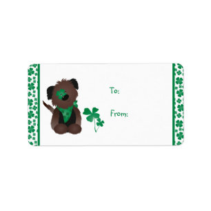 Happy St Patricks Day Dog Vier Leaf Clover Green Etiket