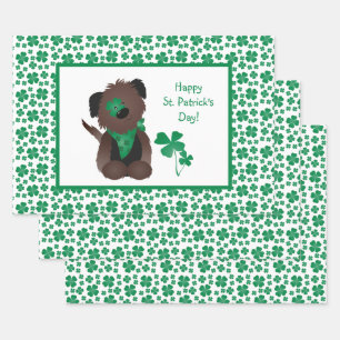 Happy St Patricks Day Dog Vier Leaf Clover Green Inpakpapier Vel