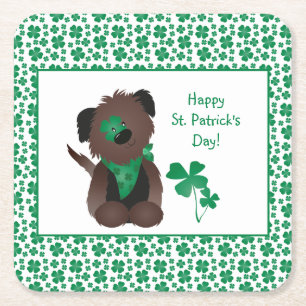 Happy St Patricks Day Dog Vier Leaf Clover Green Kartonnen Onderzetters