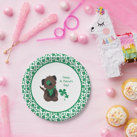 Happy St Patricks Day Dog Vier Leaf Clover Green Papieren Bordje (Feest)