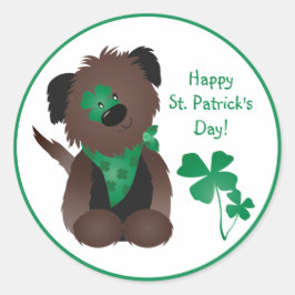 Happy St Patricks Day Dog Vier Leaf Clover Green Ronde Sticker