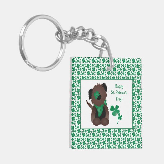 Happy St Patricks Day Dog Vier Leaf Clover Green Sleutelhanger (Voorkant Links)