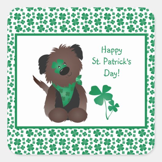 Happy St Patricks Day Dog Vier Leaf Clover Green Vierkante Sticker (Voorkant)