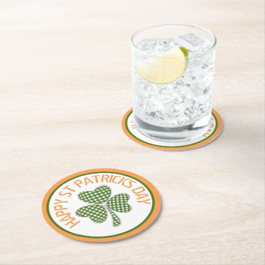 Happy St Patrick's Day Green Gingham Shamrock Ronde Kartonnen Onderzetter (Insitu)