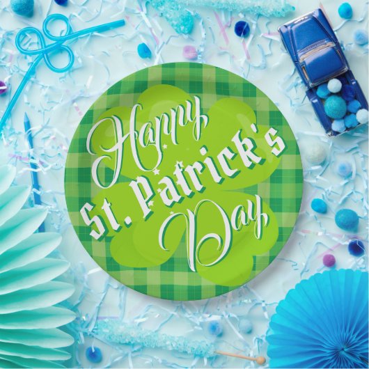 Happy St. Patrick's Day Green Tartan Lucky Clover Papieren Bordje (Feest)
