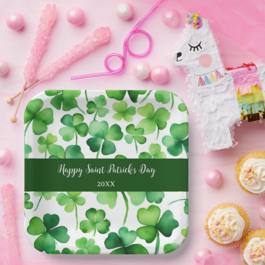 Happy St Patricks Day Groene Waterverf Shamrock Papieren Bordje (Feest)