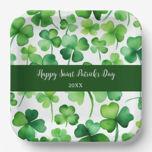 Happy St Patricks Day Groene Waterverf Shamrock Papieren Bordje (Voorkant)