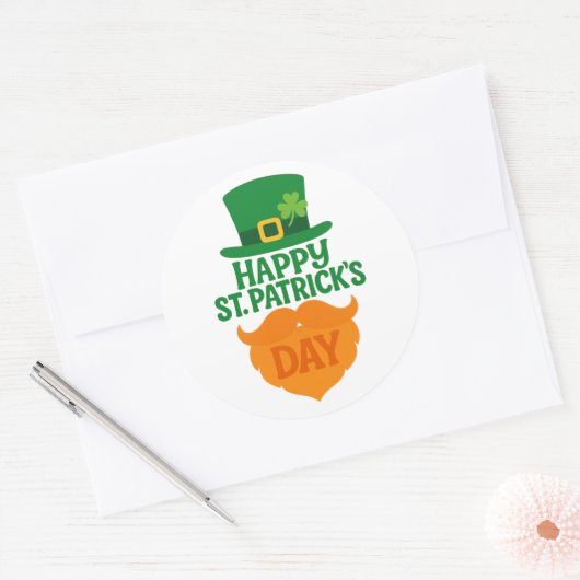 Happy St Patricks Day Leprechaun Beard and Hat Ronde Sticker (Envelop)