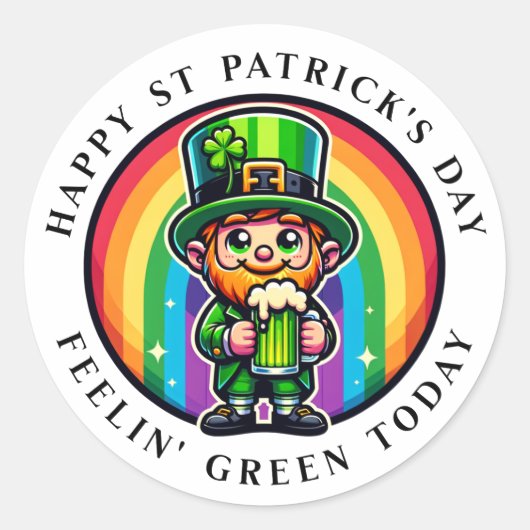 Happy St Patrick's Day Leprechaun met Groen Bier Ronde Sticker (Voorkant)