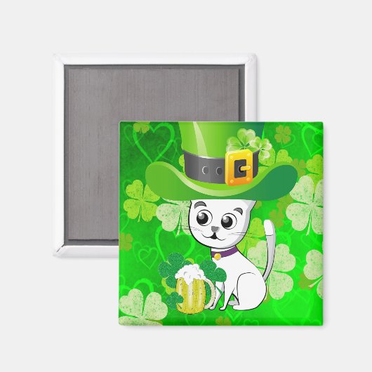 Happy St. Patrick's Day Magnets Shamrock Cat Beer Magneet (Voorkant / Achterkant)