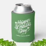 Happy St Patricks Day Party Shamrocks Custom Beer Blikjeskoeler<br><div class="desc">Groen op met deze geweldige dubbelzijdige koelboxxen met woordkunst-typografie die "Happy St Patrick's Day" leest,  omgeven door witte shamrocks. Personaliseer met uw douanetekst of schrap. Ideaal voor je St. Paddy's Day feestje en je groene bier koud houden!!</div>