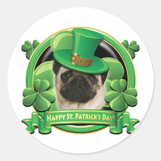 Happy St Patricks Day Pug Ronde Sticker (Voorkant)
