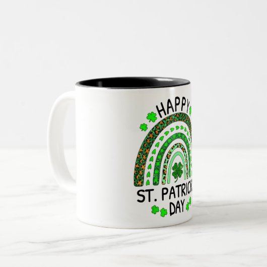 Happy St Patrick's Day Rainbow Leopard Print Shamr Tweekleurige Koffiemok (Voorkant links)