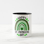 Happy St Patrick's Day Rainbow Leopard Print Shamr Tweekleurige Koffiemok (Center)