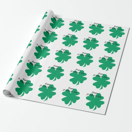 Happy St Patrick's Day Shamrock Leaf Green White Cadeaupapier (Uitgerold)