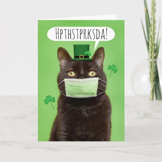 Happy St. Patrick's Day Talking Cat in Face Mask Feestdagen Kaart (Voorkant)