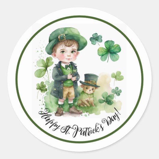 Happy St.Patrick's Day Waterverf Little Irish Boy Ronde Sticker (Voorkant)