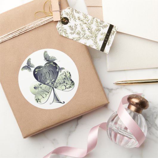 "Happy St. Patrick's..." Shamrock Butterflies Ronde Sticker (Geschenken)