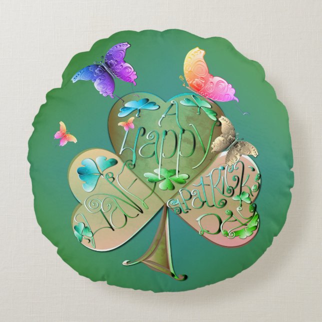 "Happy St. Patrick's Shamrock Rond Kussen (Voorkant)
