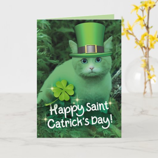 Happy St. Sint Patrick's Day Cat Kaart (Gele Bloem)