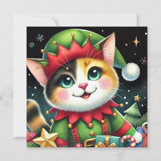 Happy Star Kerst Schattigee calico kat Elf Feestdagenkaart (Voorkant)