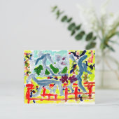 Happy stick figuur met briefkaart van stokhonden (Staand voorkant)