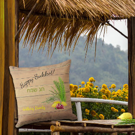 Happy Sukkot Etrog Lulav Rustic Wood Kussen