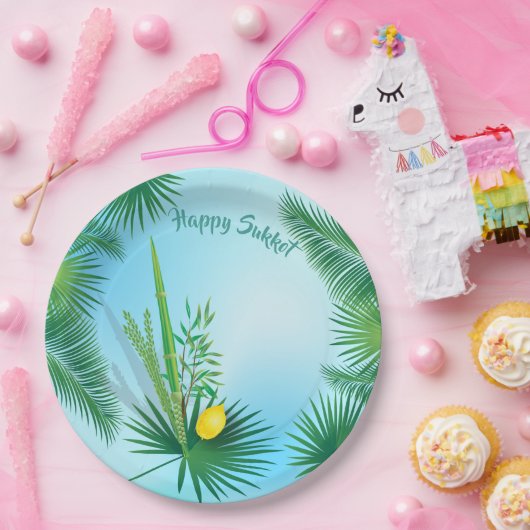 Happy Sukkot Lulav en Etrog Waterverf Pattern Papieren Bordje (Feest)