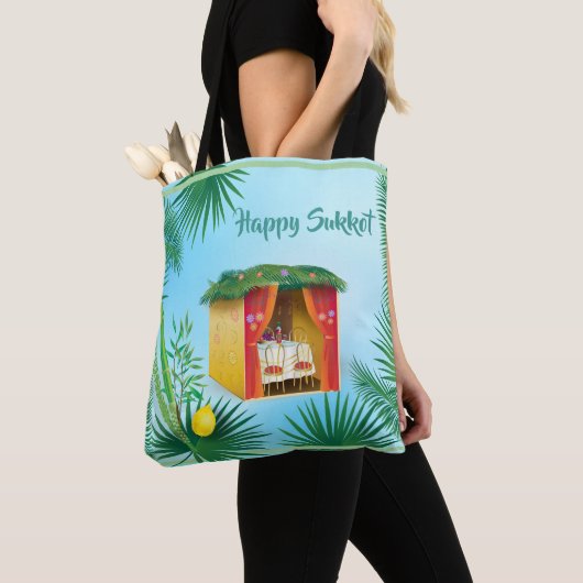 Happy Sukkot Lulav en Etrog Waterverf Pattern Tote Bag (Dichtbij)